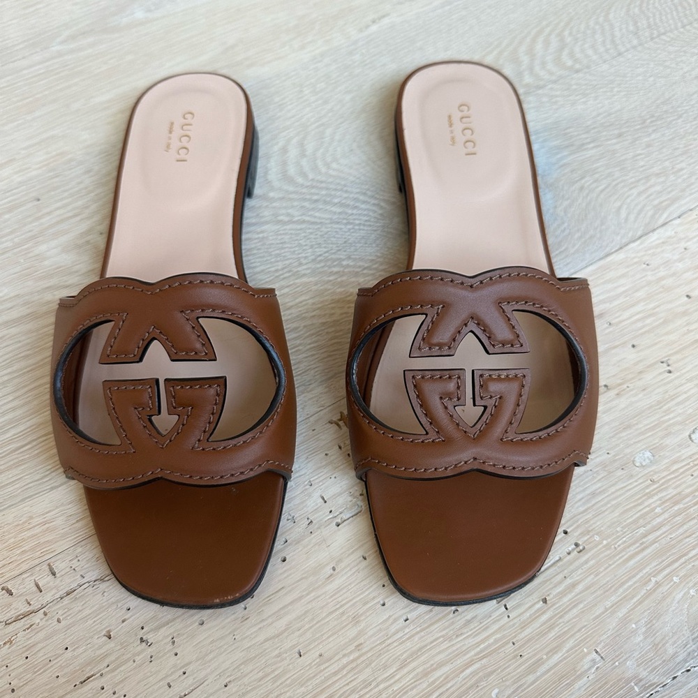 Gucci Tan Leather cutout Slide Sandals